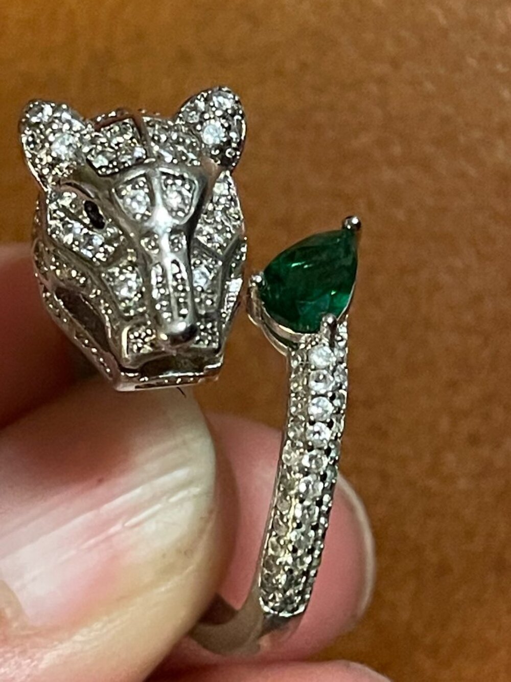Panther Head Statement Ring (silver plated)– Crystal & Emerald Green Accent